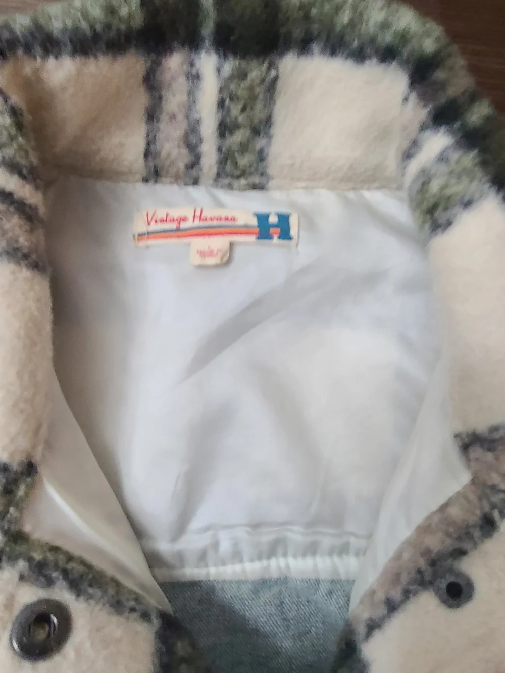 Vintage Havana Cream & Light Blue Plaid Sherpa-Trim Denim Jacket